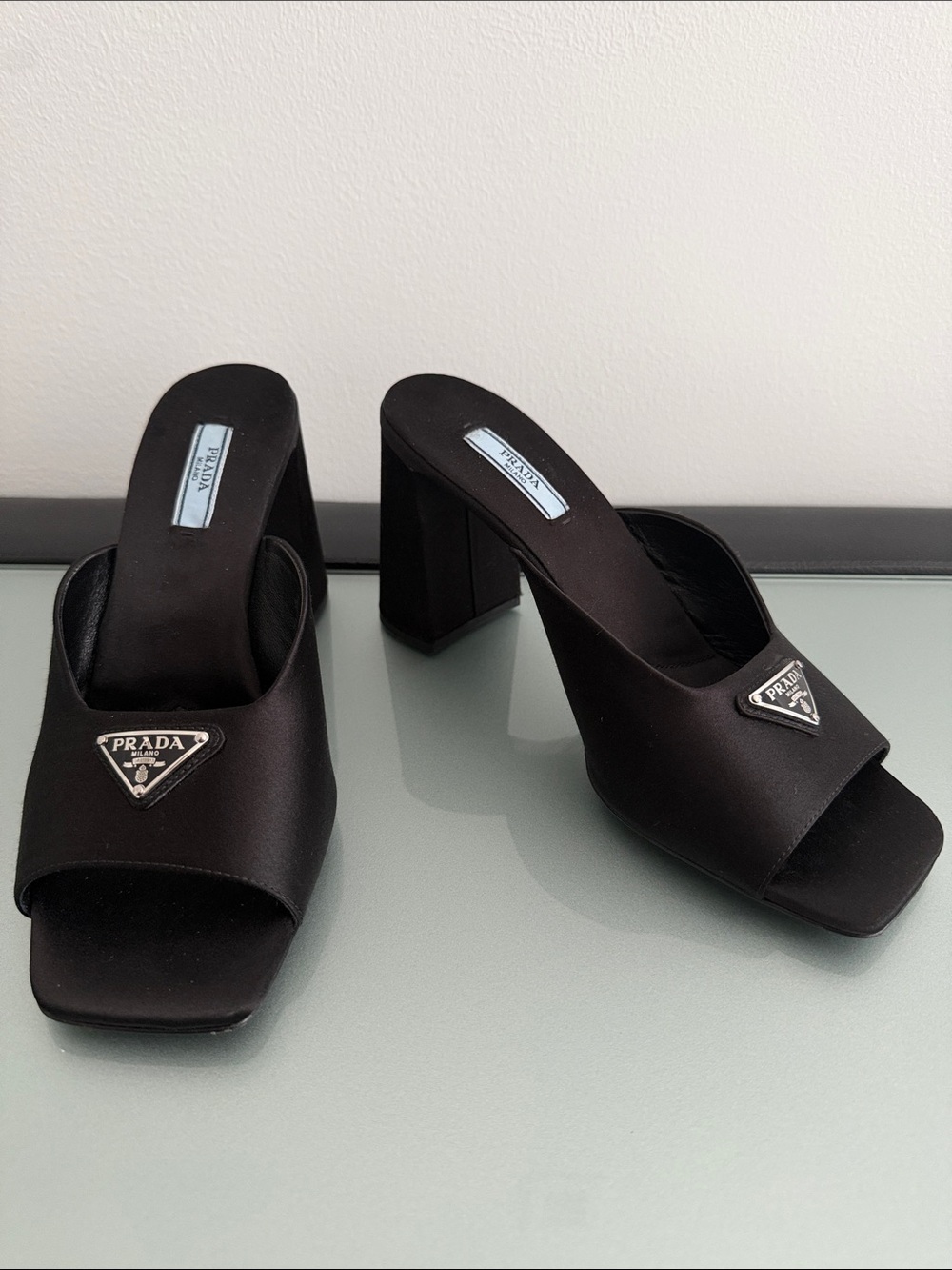 Prada Black Satin Logo Mule Heels with Silver Plaque Size 38 - Picture 7 of 8